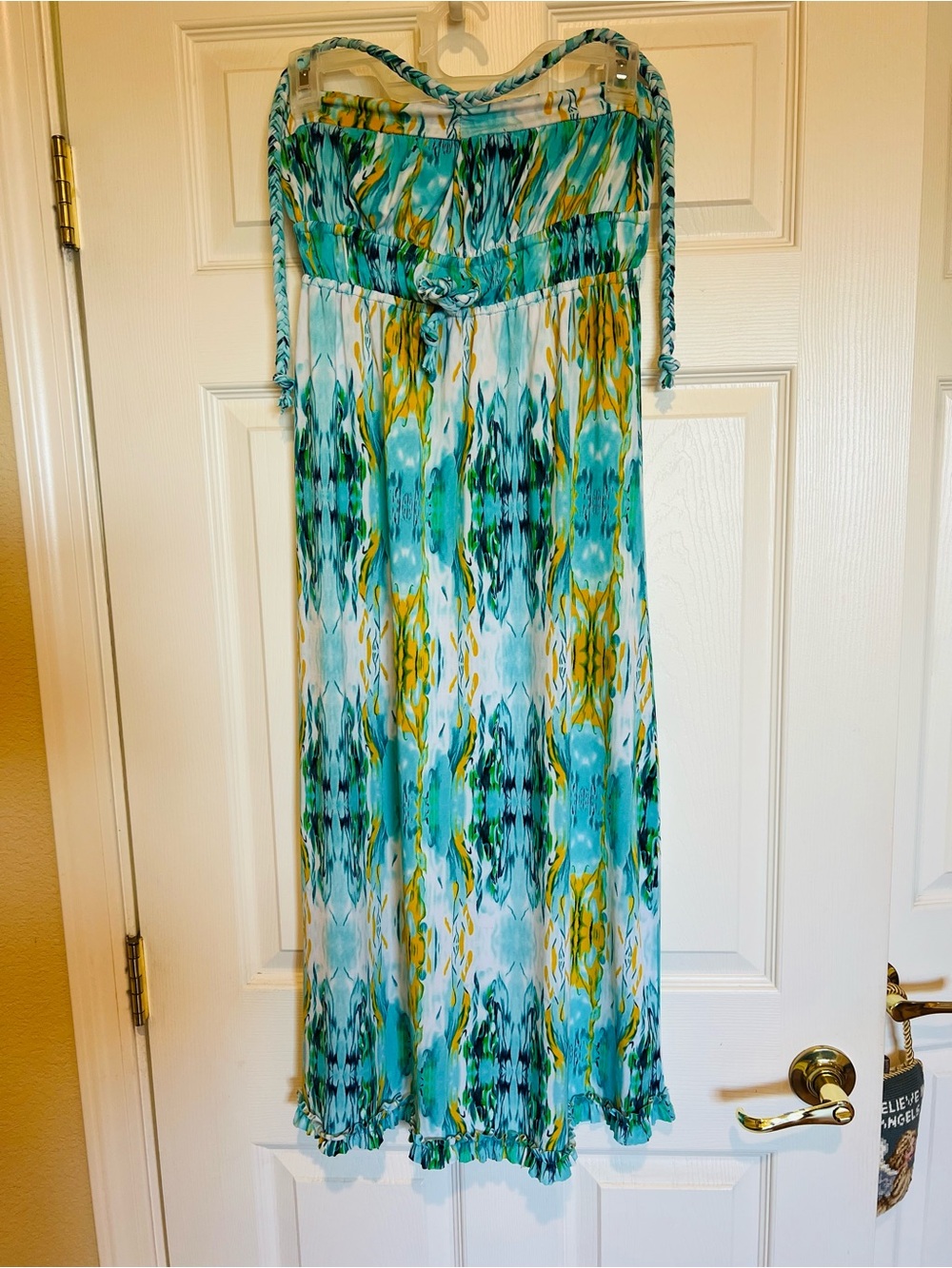 Women’s Blue Green Strapless, Tie Neck Midi Dress, adjustable tie at torso.
